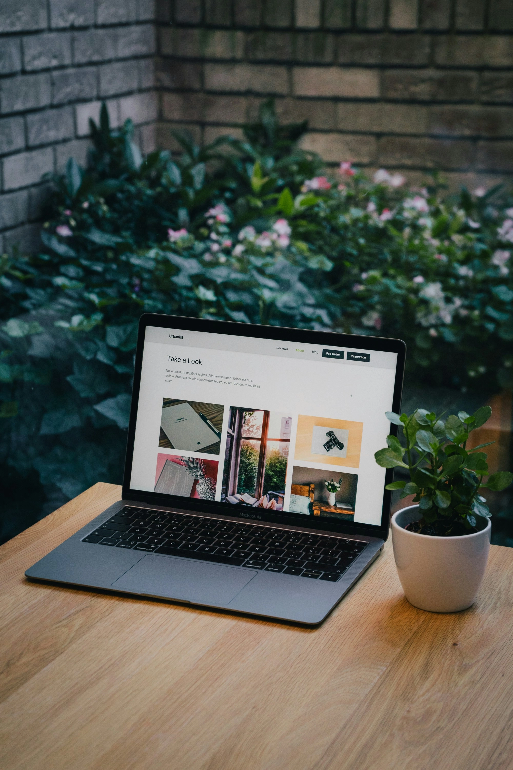 A laptop computer sitting on a wooden table with a plant next to it